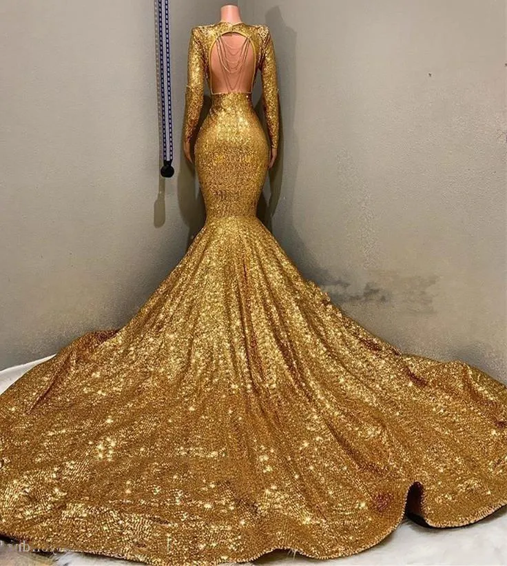 2025 Sexy Mermaid Gold V Neck Backless Long Sleeves Sequence African American Prom Dresses