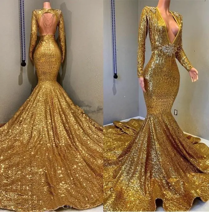 2025 Sexy Mermaid Gold V Neck Backless Long Sleeves Sequence African American Prom Dresses