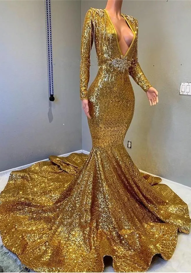 2025 Sexy Mermaid Gold V Neck Backless Long Sleeves Sequence African American Prom Dresses