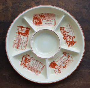 Advertising English Ironstone 6 Section Hors d'oeuvre Appetizer Tray Brick Red Print / French Boots / Cheeses /  Butcher Counter Display