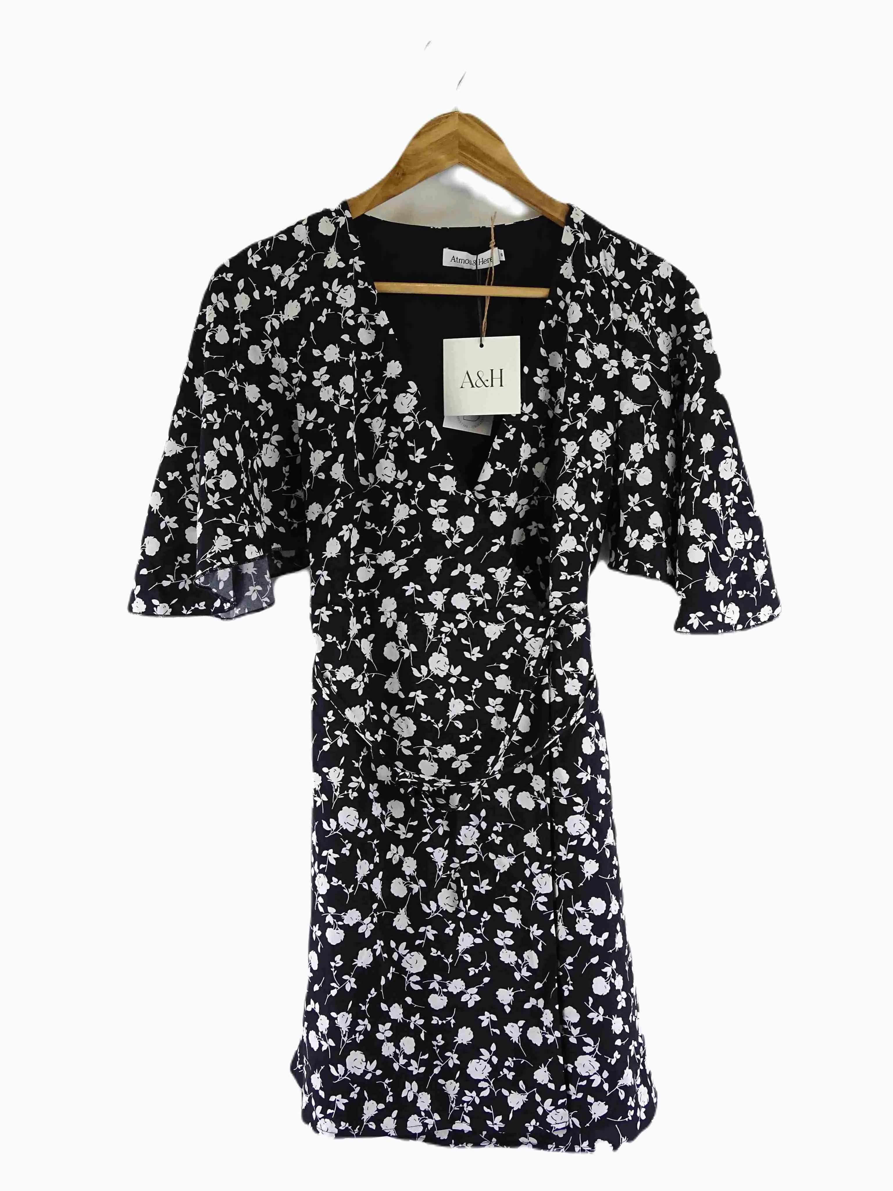 Atmos & Here Black and White Floral Wrap Mini Dress 6