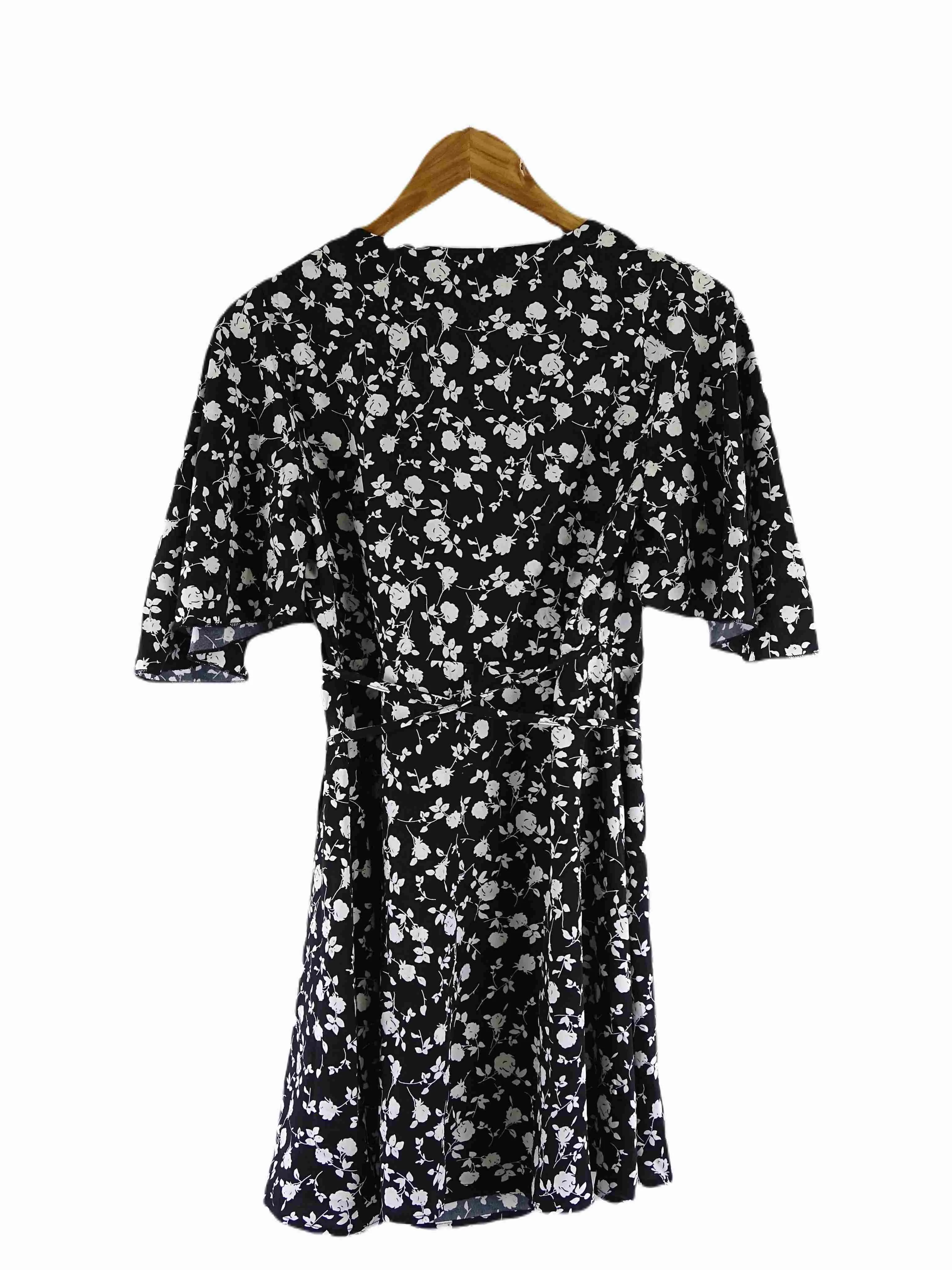 Atmos & Here Black and White Floral Wrap Mini Dress 6