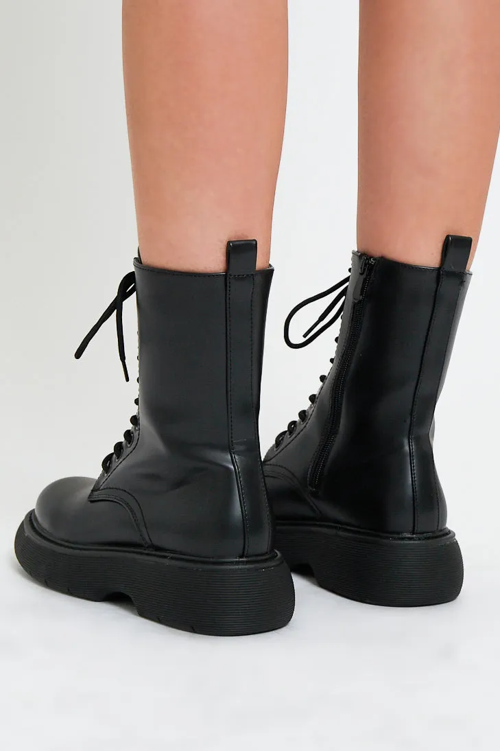 Black Faux Leather Rubber Sole Ankle Boots - Dadiva