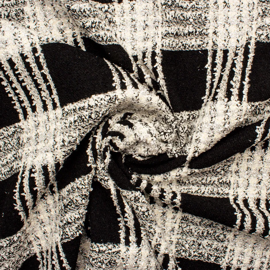 Black, Ivory & Silver Metallic Checkered Bouclé Fabric