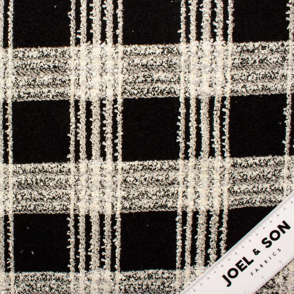 Black, Ivory & Silver Metallic Checkered Bouclé Fabric