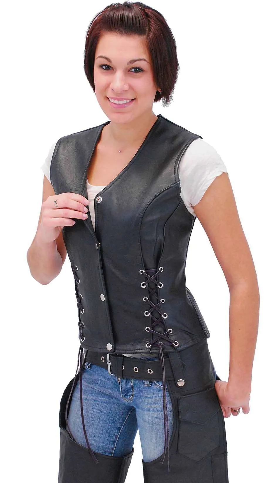 Black Leather Vest w/Custom Color Corset Lacing #VL2687LLK ()