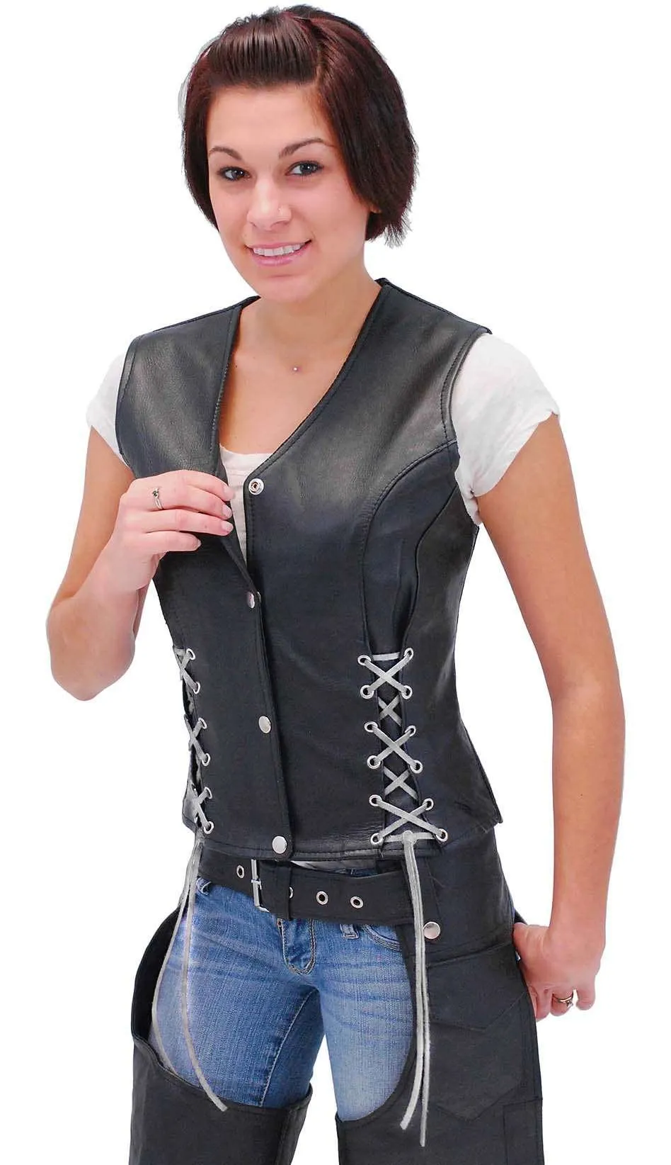 Black Leather Vest w/Custom Color Corset Lacing #VL2687LLK ()