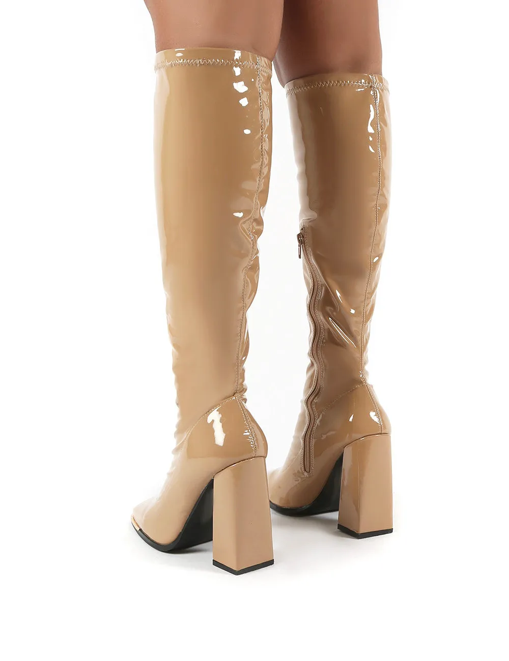 Caryn Camel Vinyl Wide Fit Knee High Heeled Boot