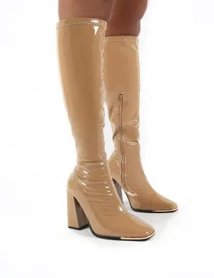 Caryn Camel Vinyl Wide Fit Knee High Heeled Boot