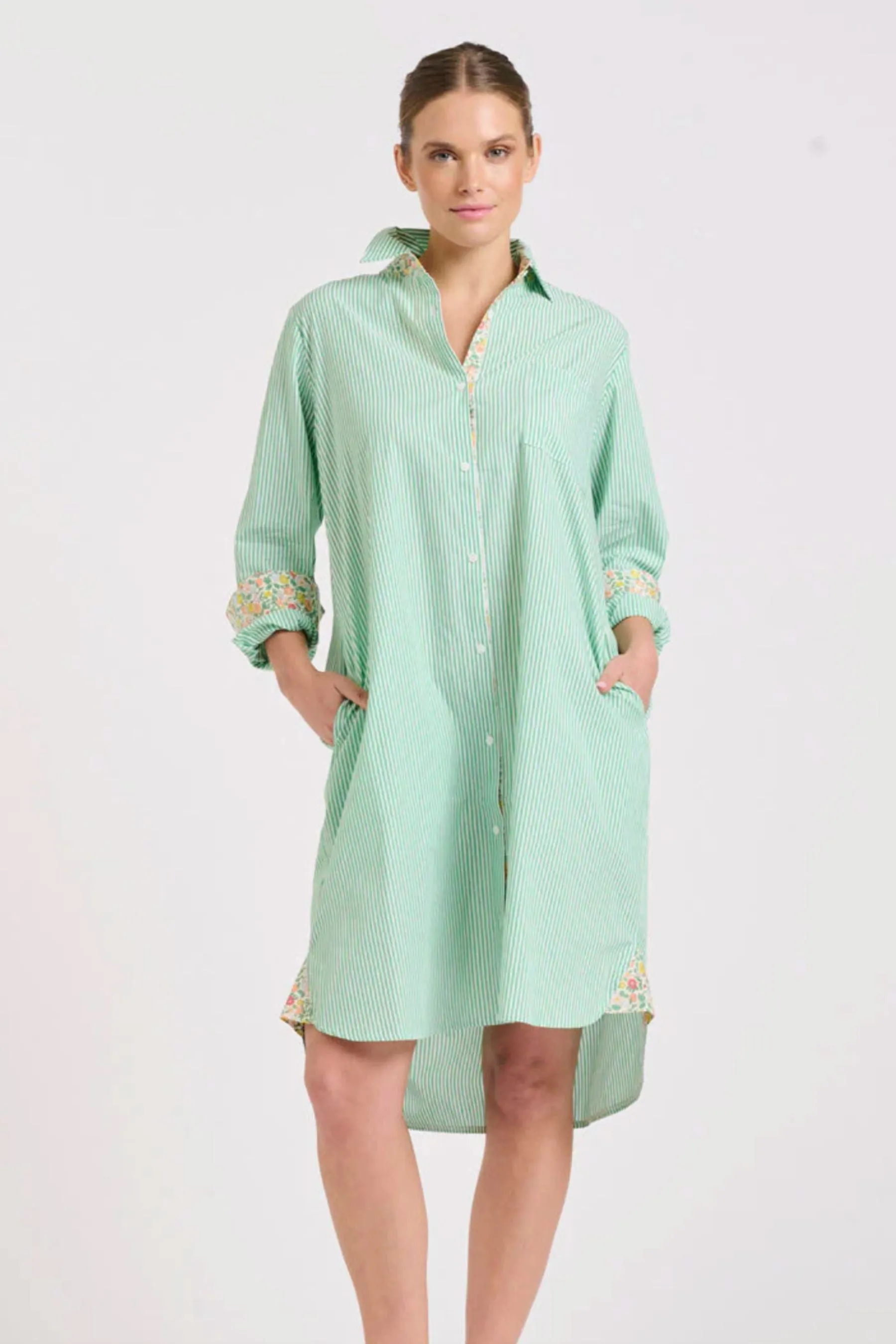 Classic Shirt Dress | Green Stripe/Floral Trim