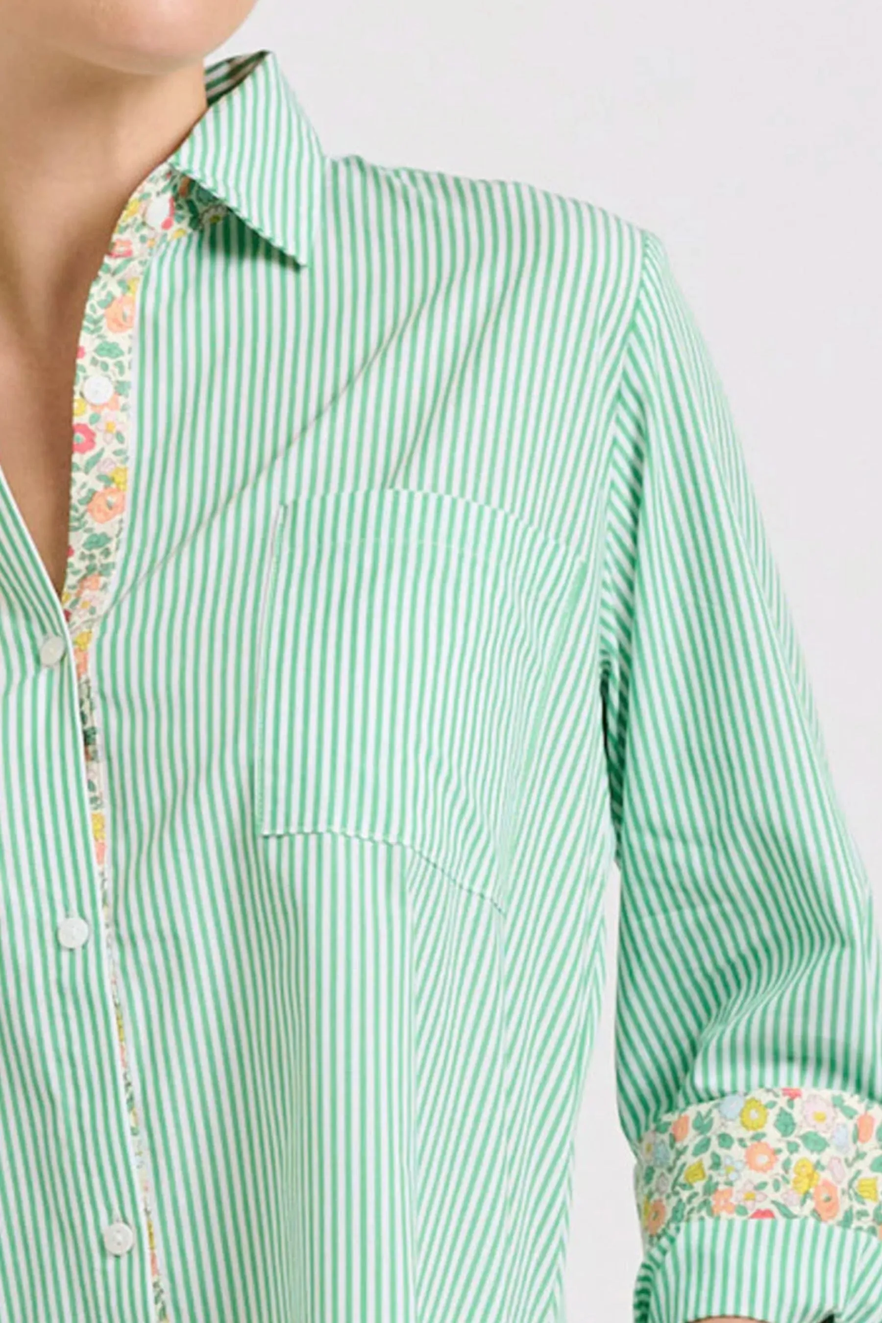 Classic Shirt Dress | Green Stripe/Floral Trim