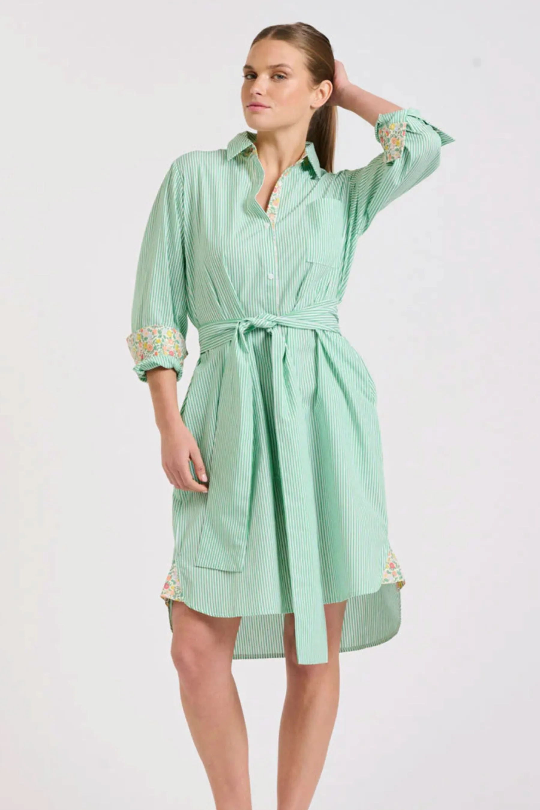 Classic Shirt Dress | Green Stripe/Floral Trim