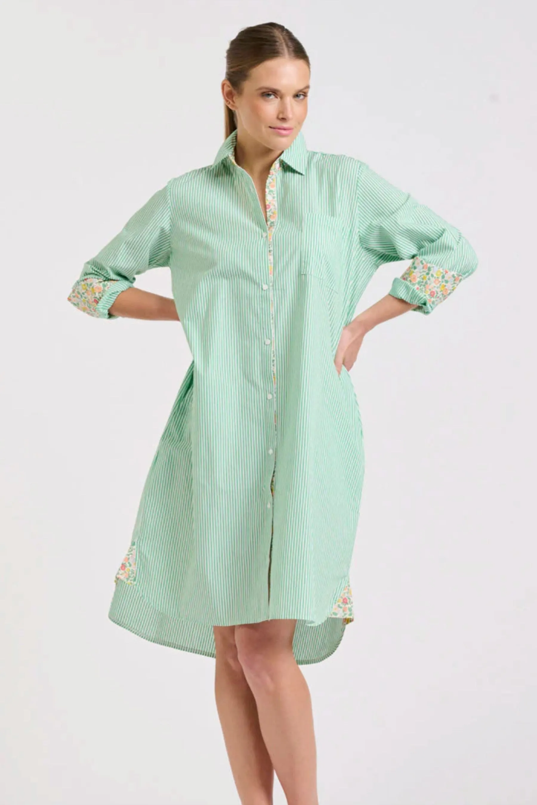 Classic Shirt Dress | Green Stripe/Floral Trim