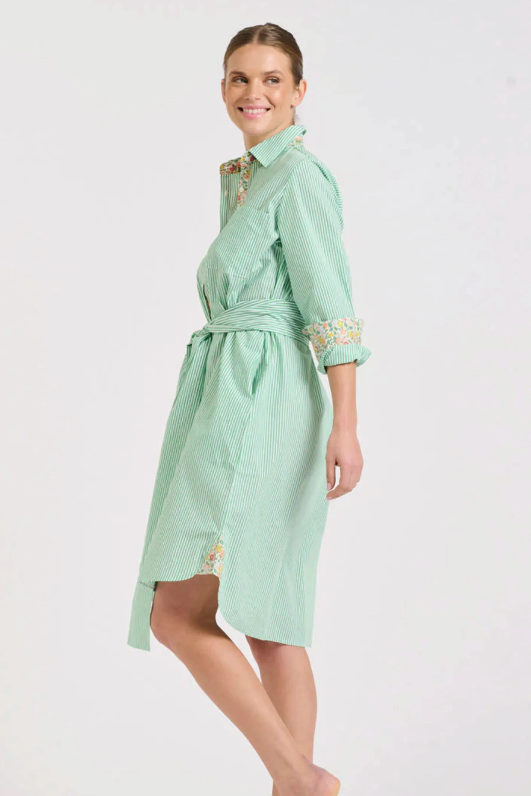 Classic Shirt Dress | Green Stripe/Floral Trim