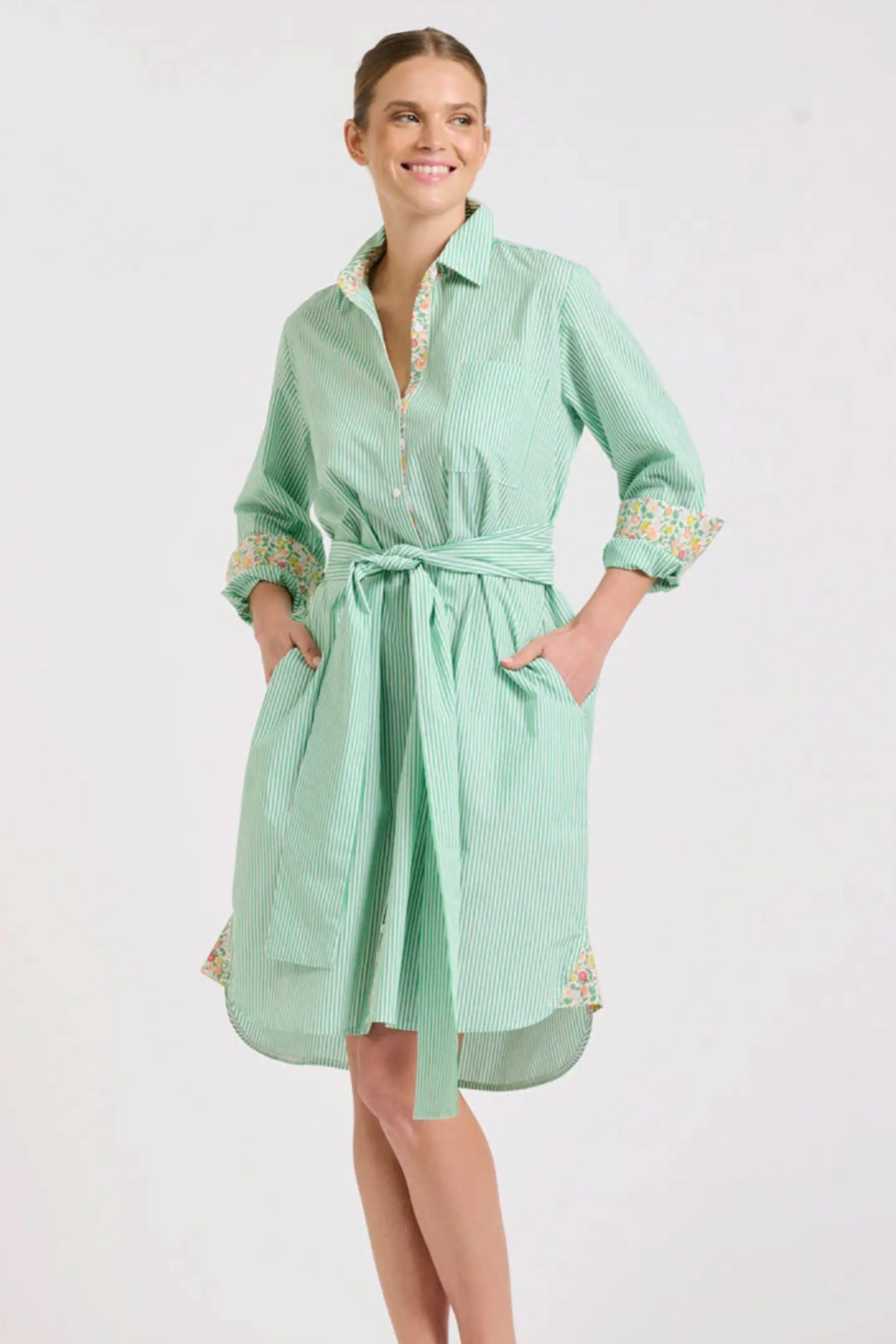 Classic Shirt Dress | Green Stripe/Floral Trim