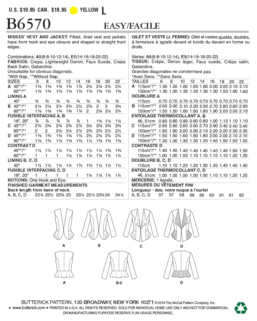 CLEARANCE • BUTTERICK PATTERN MISSES' VEST & JACKET 6570