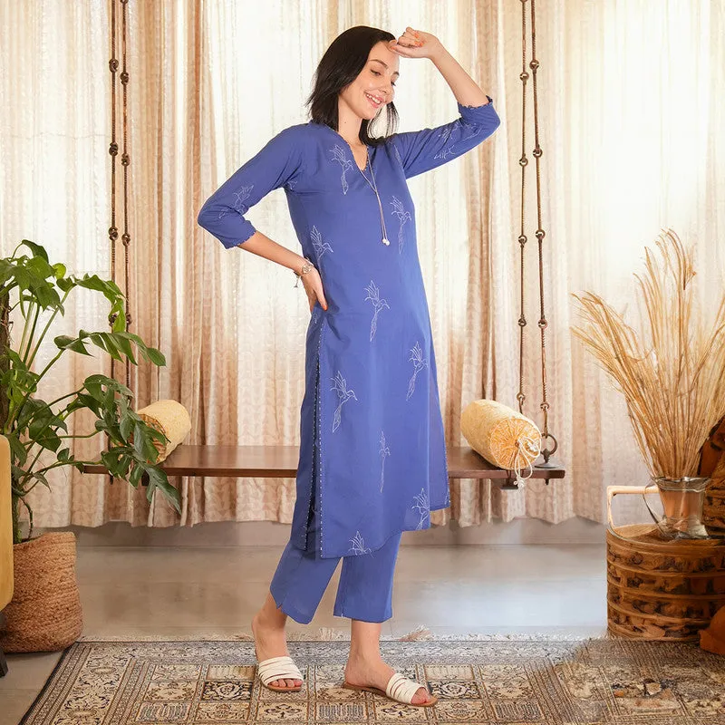 Cotton Printed Kurta Set For Women | Kurta & Pant | V Neck | Blue