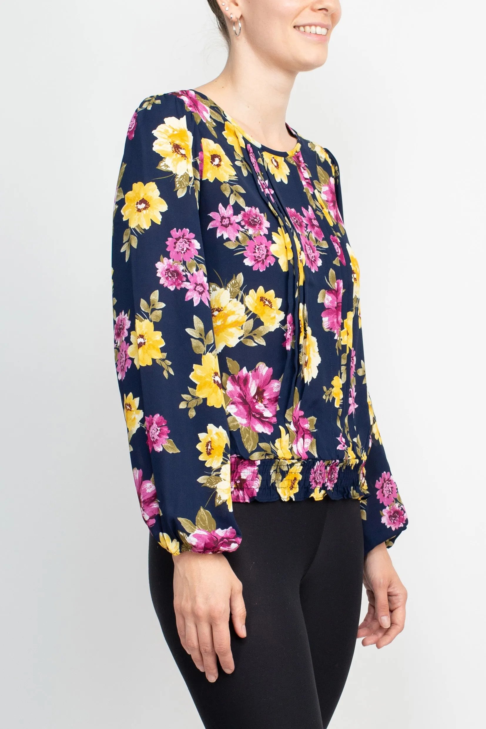 Counterparts Crew Neck Long Sleeve Elastic Cuff Long Sleeve Pleated Front Multi Print Crepe Top