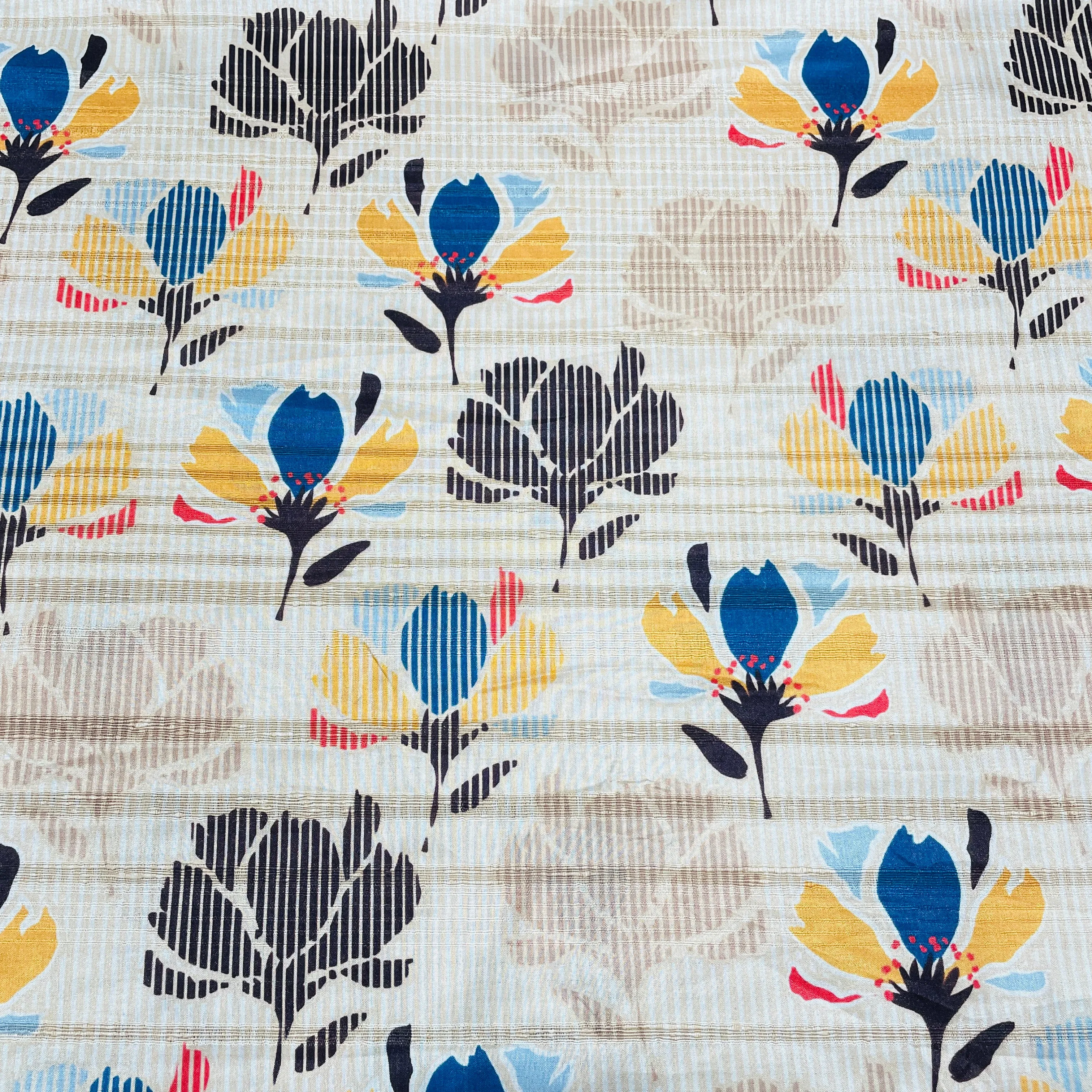 Cream Multicolor Floral Print Tusser Silk Fabric