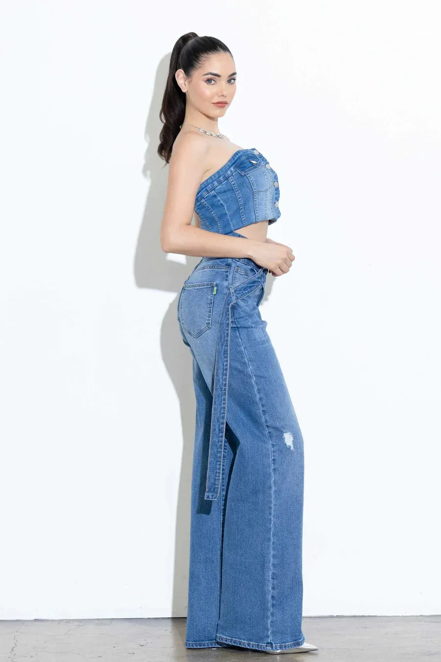 Criss Crossed Waist Line, Long Belted Wide Leg Jeans