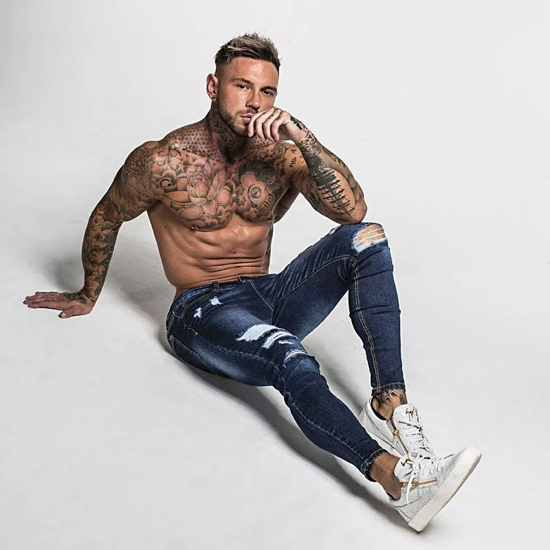 Dark Blue Ripped Style Men Pencil Stretch Jeans