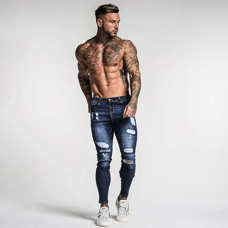 Dark Blue Ripped Style Men Pencil Stretch Jeans