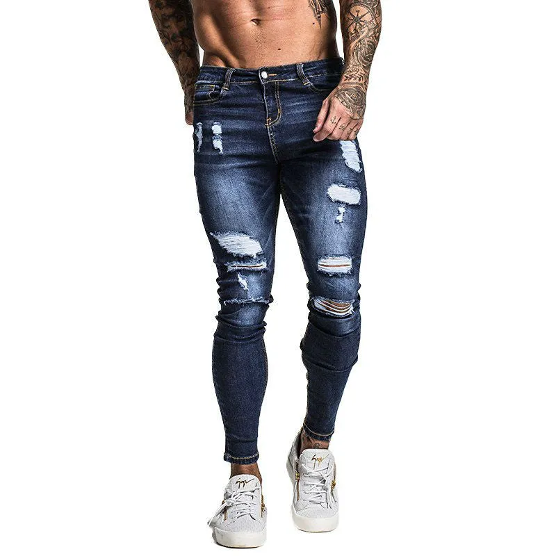 Dark Blue Ripped Style Men Pencil Stretch Jeans