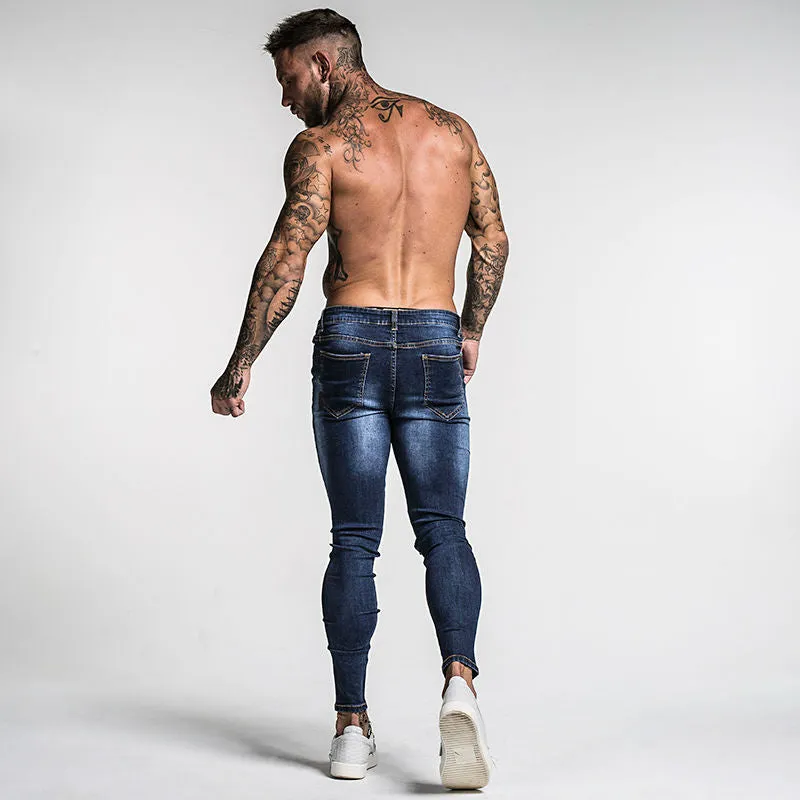 Dark Blue Ripped Style Men Pencil Stretch Jeans