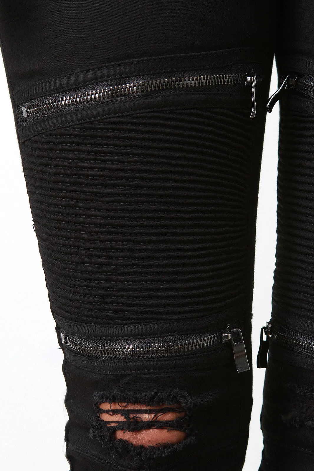 Distressed Moto Style Zip Knee Pants