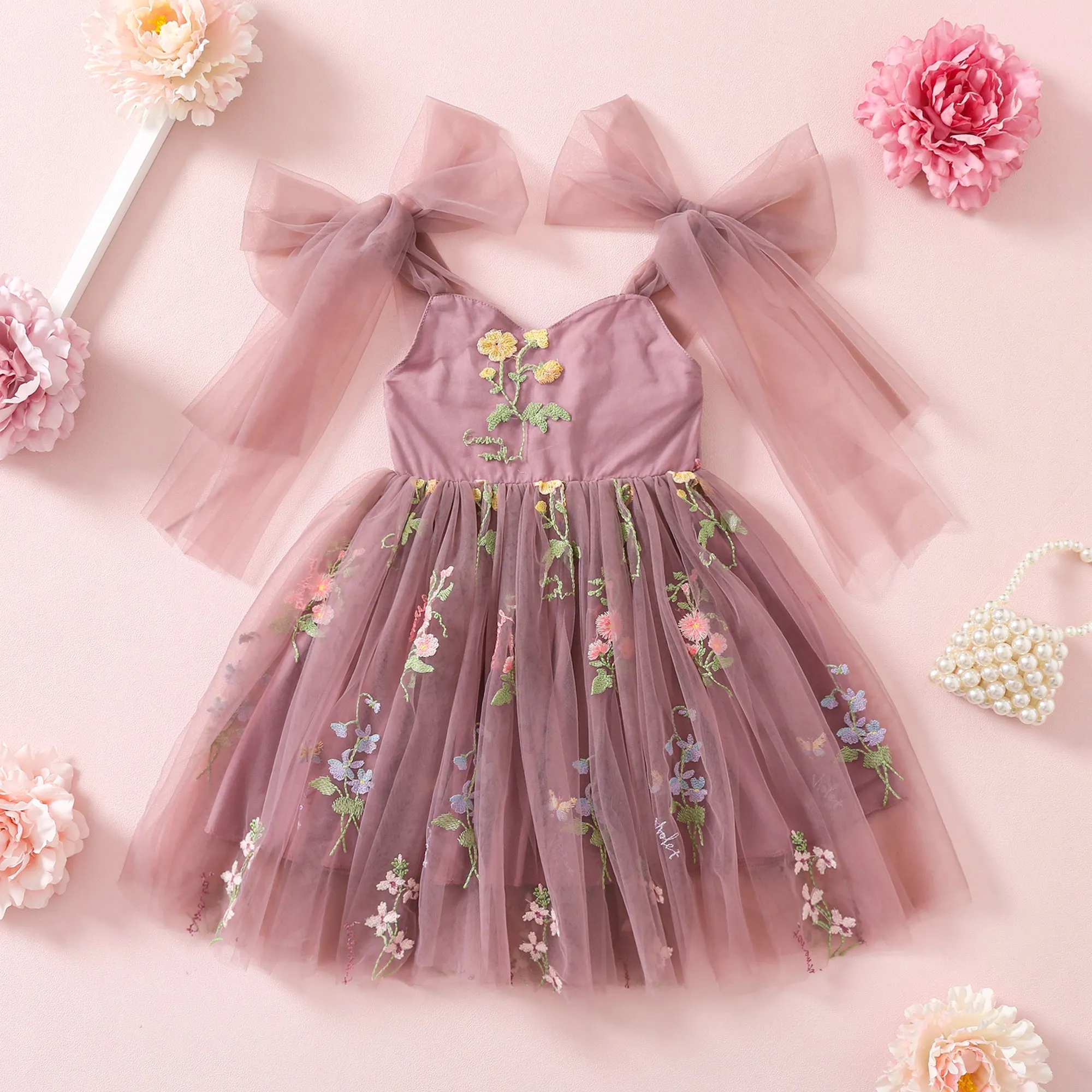 Easter Toddler Girl Tulle Dresses with Floral Embroidery, Fairy Princess Birthday Outfit Girl Special Occasion