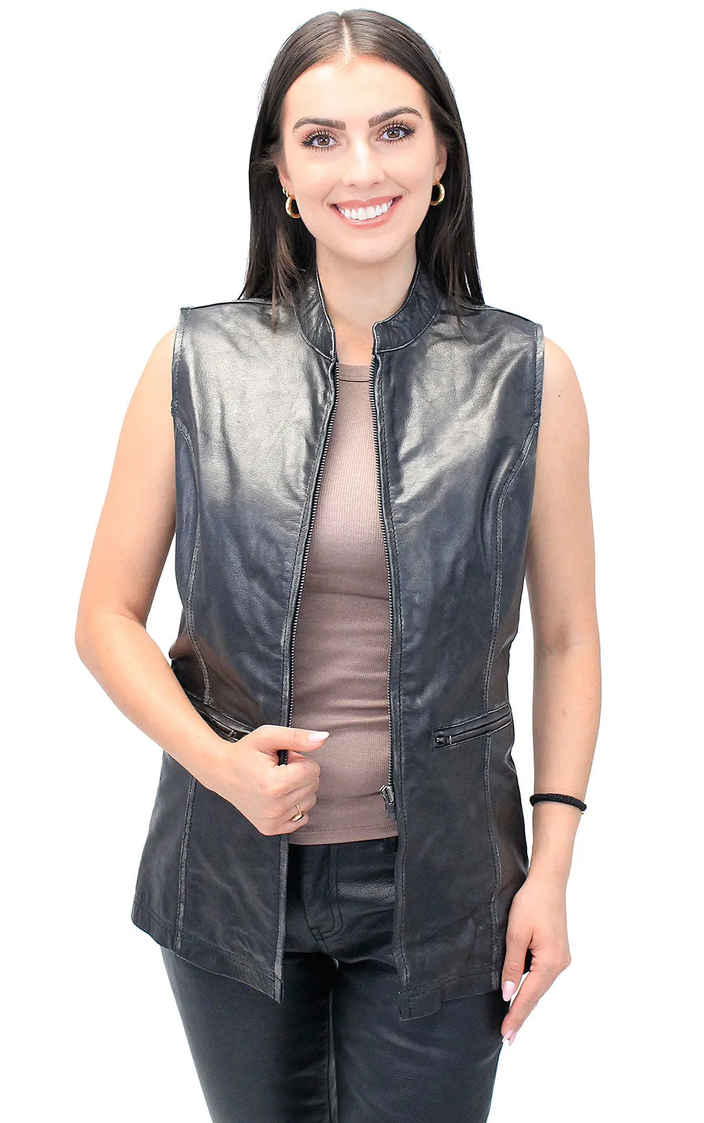 Extra Long Vintage Black Genuine Leather Zip Vest #VLA20091ZK ()