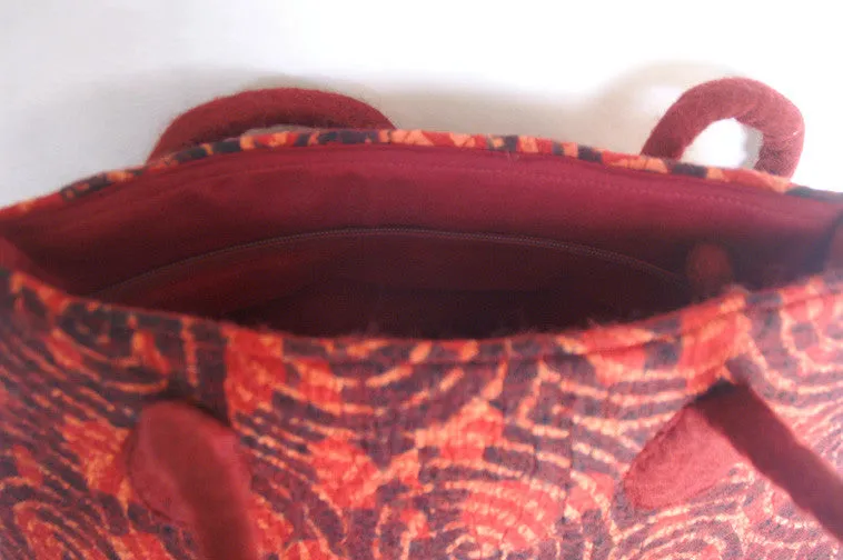 Felted Wool/Cotton Pop Art Tote Shoulder Bag - Red Swirls One-of-a-Kind