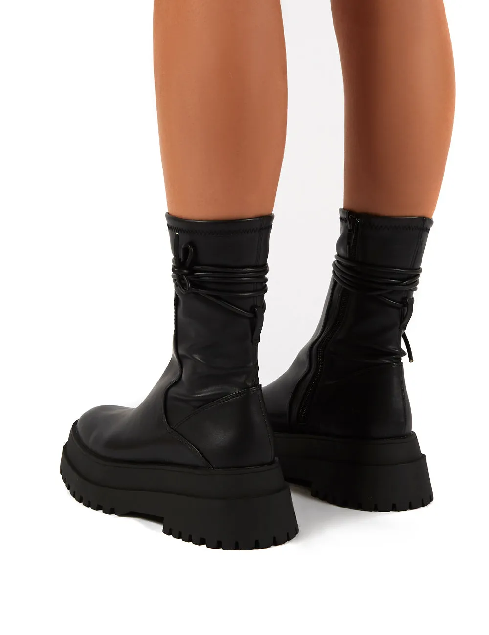 Finale Black Platform Chunky Sole Ankle Wrap Boots