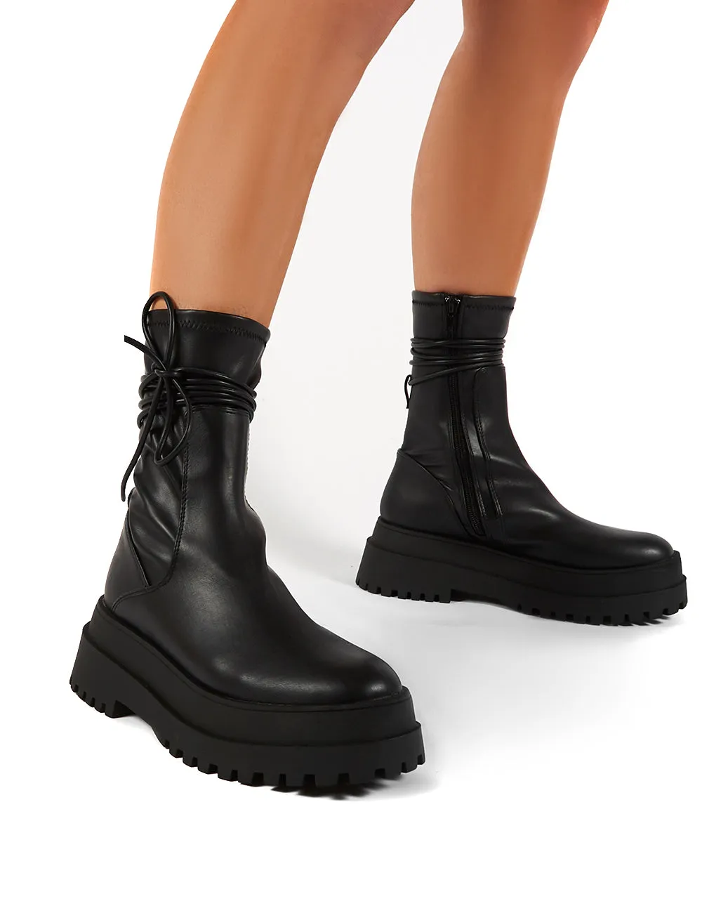 Finale Black Platform Chunky Sole Ankle Wrap Boots