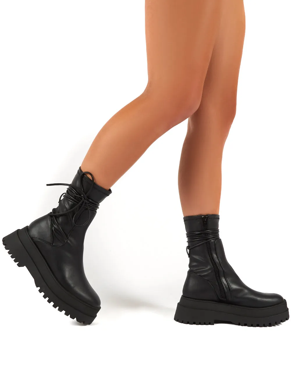 Finale Black Platform Chunky Sole Ankle Wrap Boots