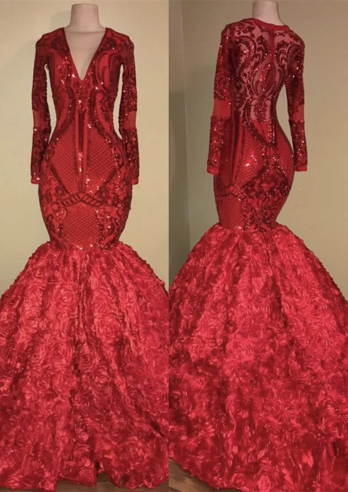 Glamorous Red Long Sleeve Sequins Prom Dress | Mermaid Bottom Flowers Evening Gowns BC1636