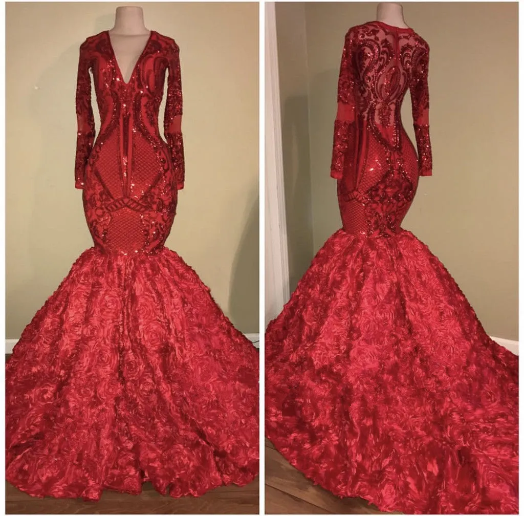 Glamorous Red Long Sleeve Sequins Prom Dress | Mermaid Bottom Flowers Evening Gowns BC1636