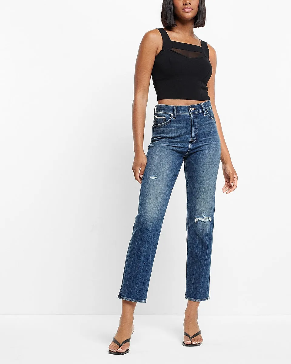 High Waisted Dark Wash Selvedge Straight Ankle Jeans in Dark Wash