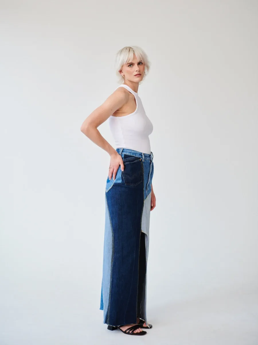 High Waisted Upcycled Patchwork Denim Long Skirt with Slit By Fanfare