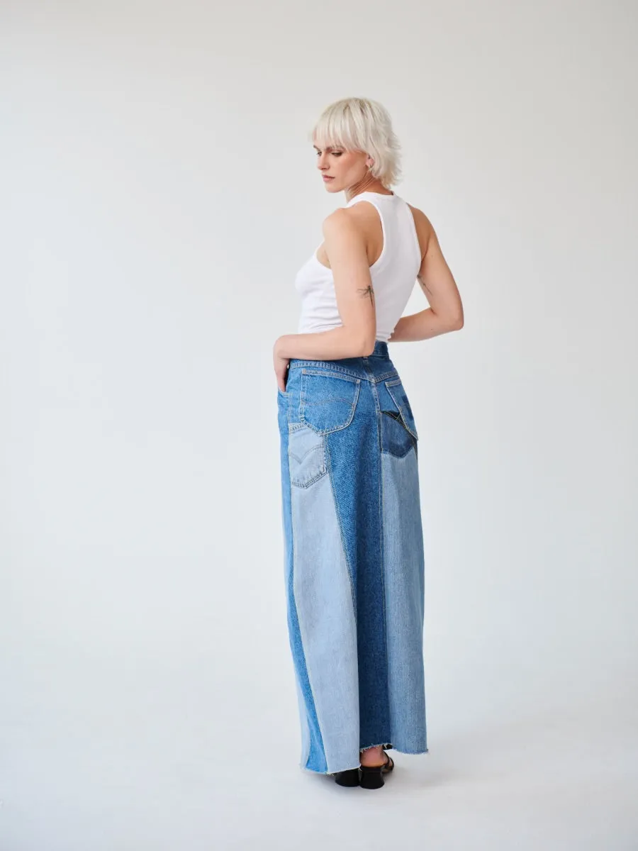 High Waisted Upcycled Patchwork Denim Long Skirt with Slit By Fanfare