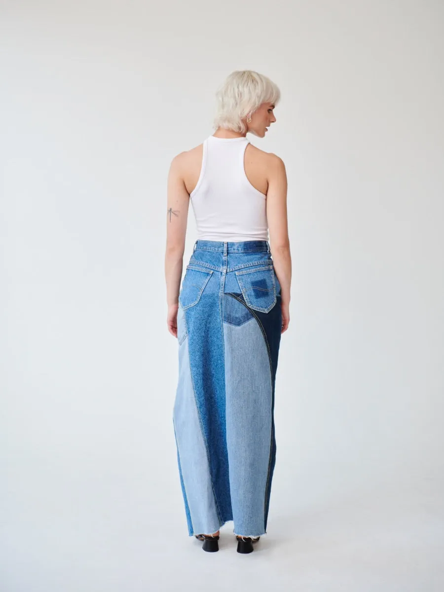 High Waisted Upcycled Patchwork Denim Long Skirt with Slit By Fanfare