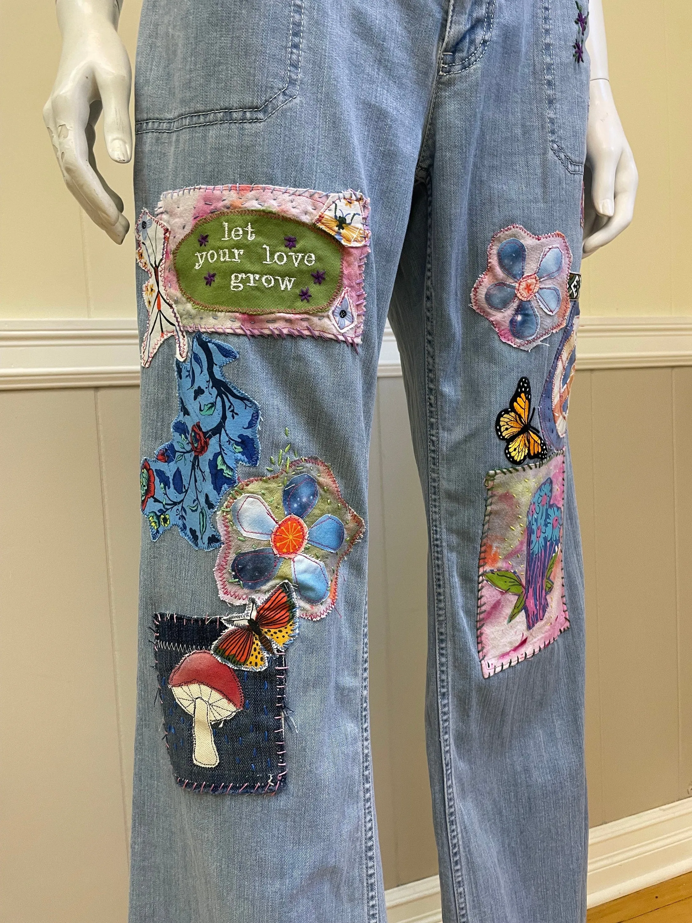 Hippie Patched Jeans - Wide Leg Womens Size 6 - Boho Style Denim Hand-Patched Upcycled Embroidered Appilique - One of a Kind. Size 6. J.Jill