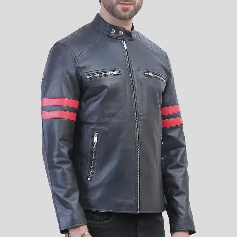 Hunter Men’s Black Leather Red Striped Cafe Racer Jacket