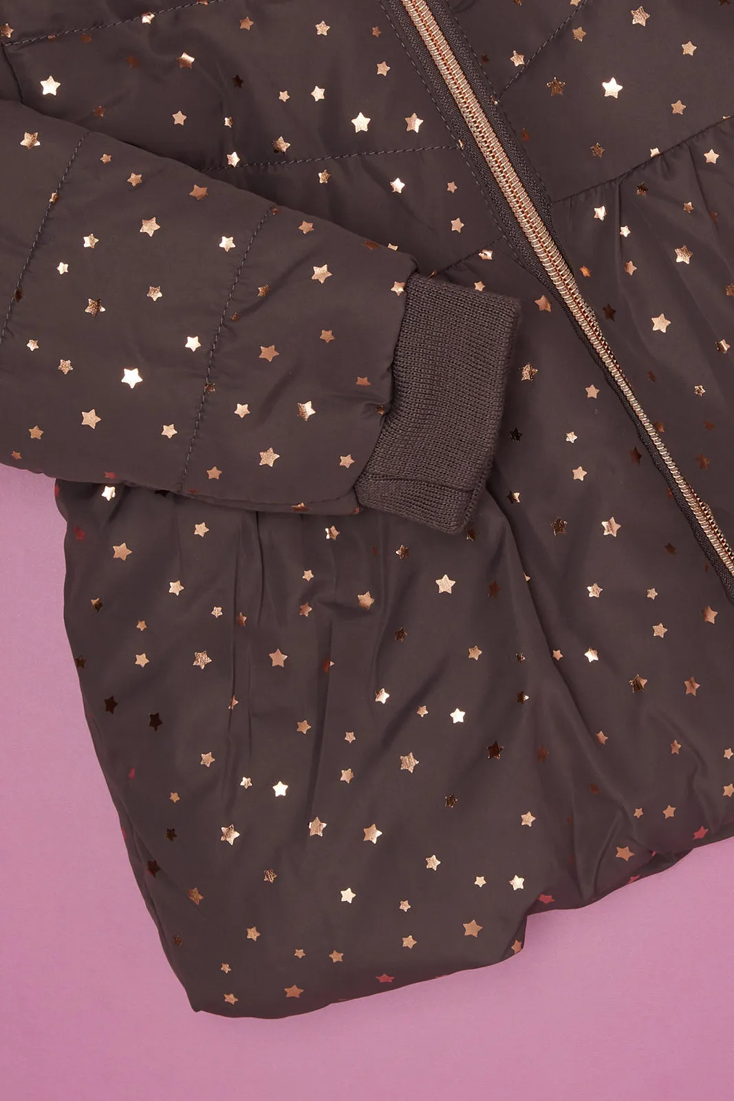 Infant Girls Black Foil Stars Print Hooded Jacket