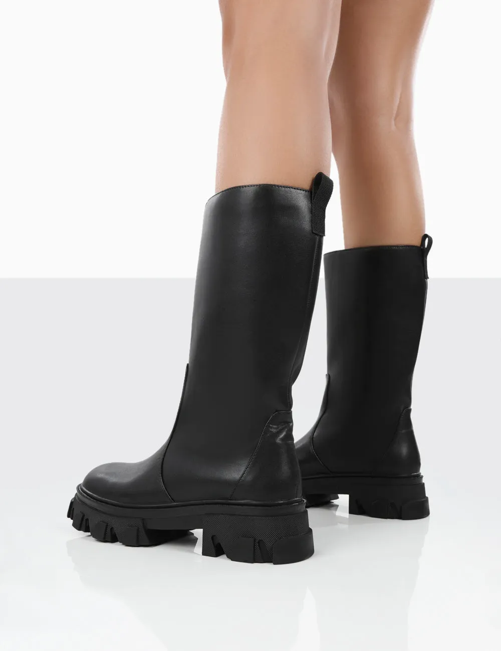 Jolie Black Pu Knee High Chunky Sole Long Boots