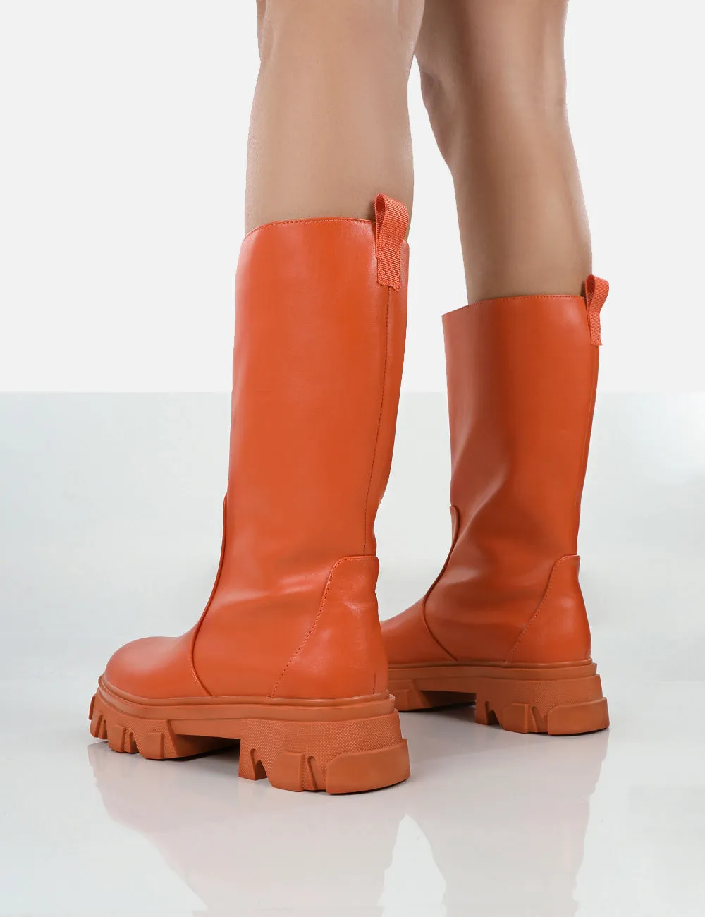 Jolie Orange Pu Knee High Chunky Sole Long Boots