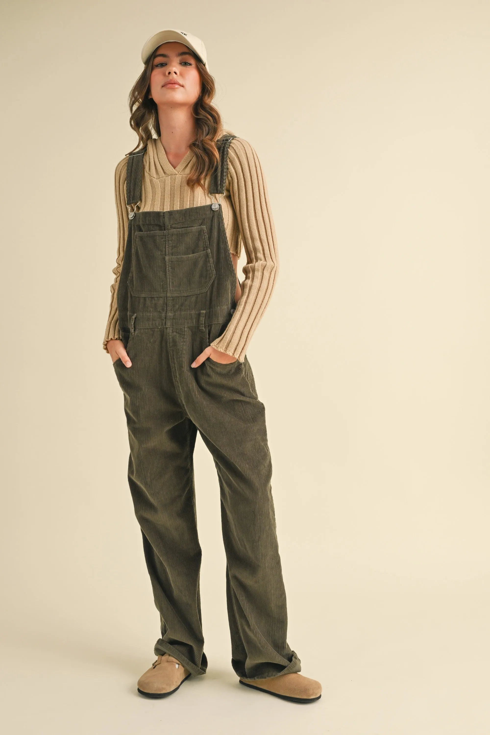 Landon Boyfriend Fit Corduroy Overalls: Olive