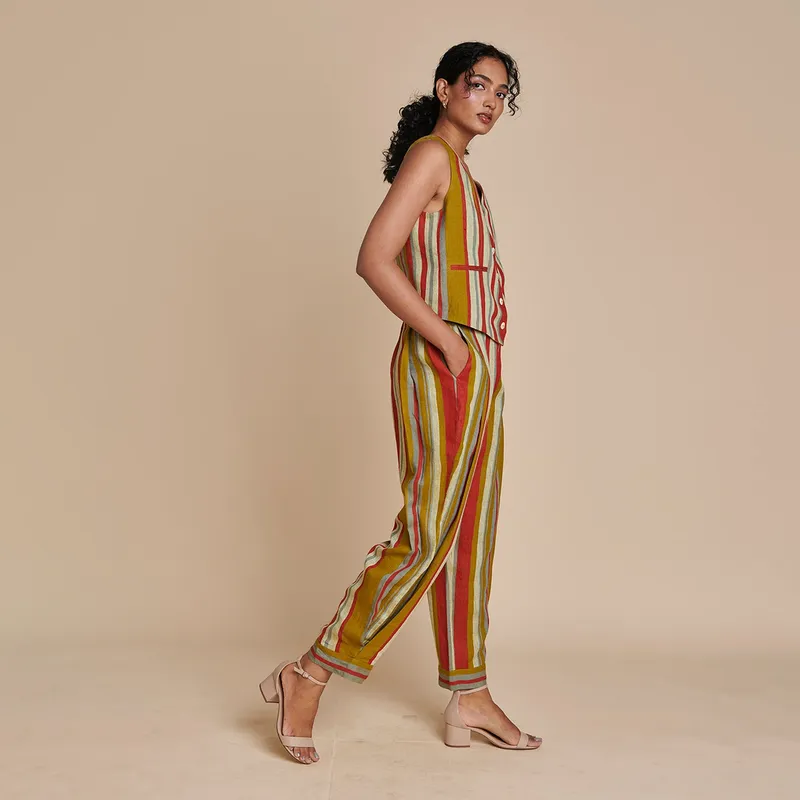 Linen Striped Pants for Women | Multicolour | Side Pleated