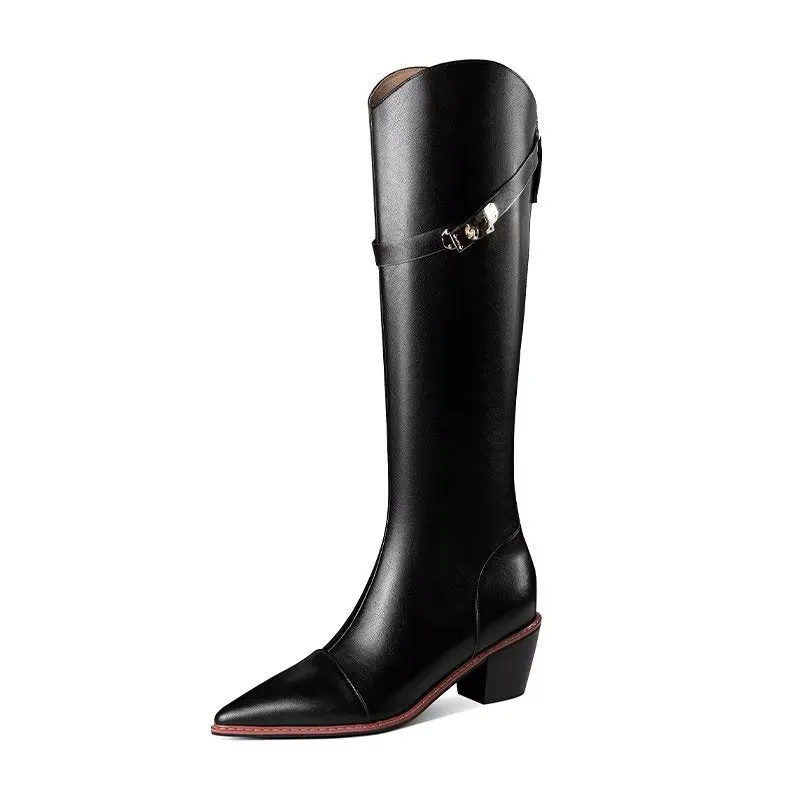 Luxury Pointed Toe Leather High Boots