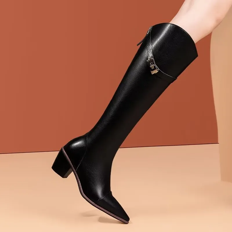 Luxury Pointed Toe Leather High Boots